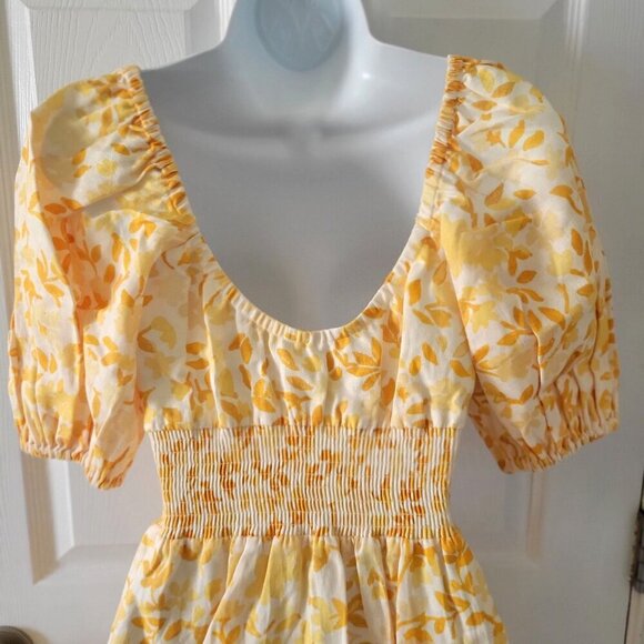 Peony Swimwear Linen Smocked Mini Dress Daffodil Floral Dress- M - Picture 6 of 11